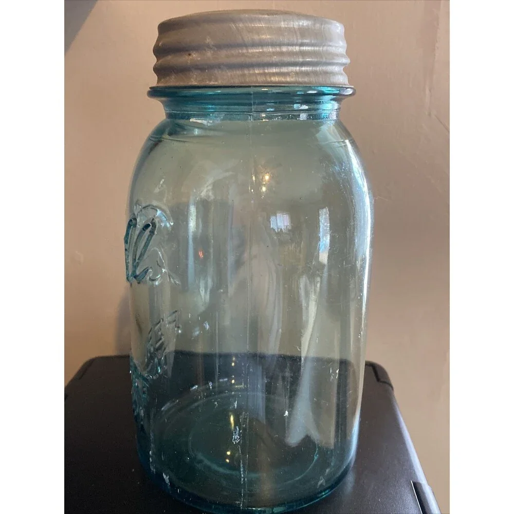 Vintage 1923~1933 BALL PERFECT MASON #5 BLUE Mason Canning Jar Zinc Lid Bubbles